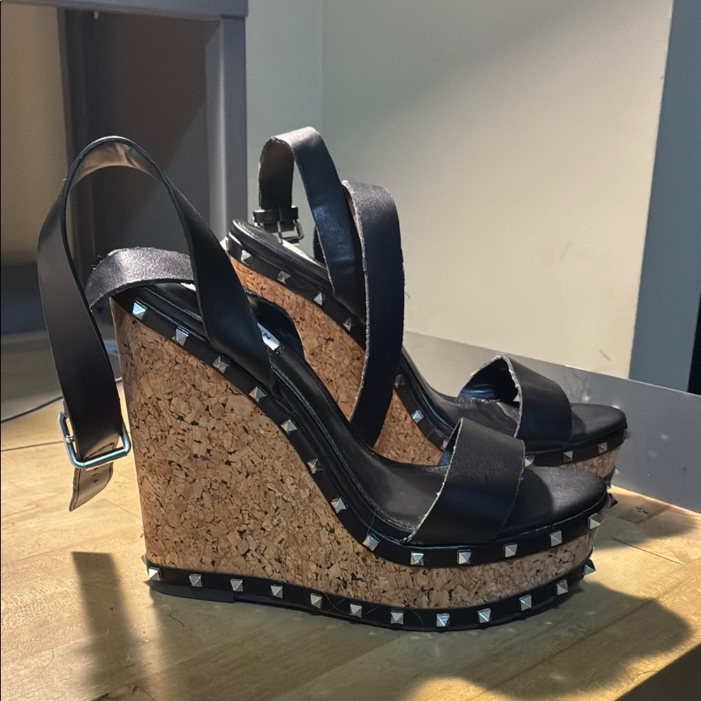 Steve Madden Black Wedge Sandals with Studded Accents